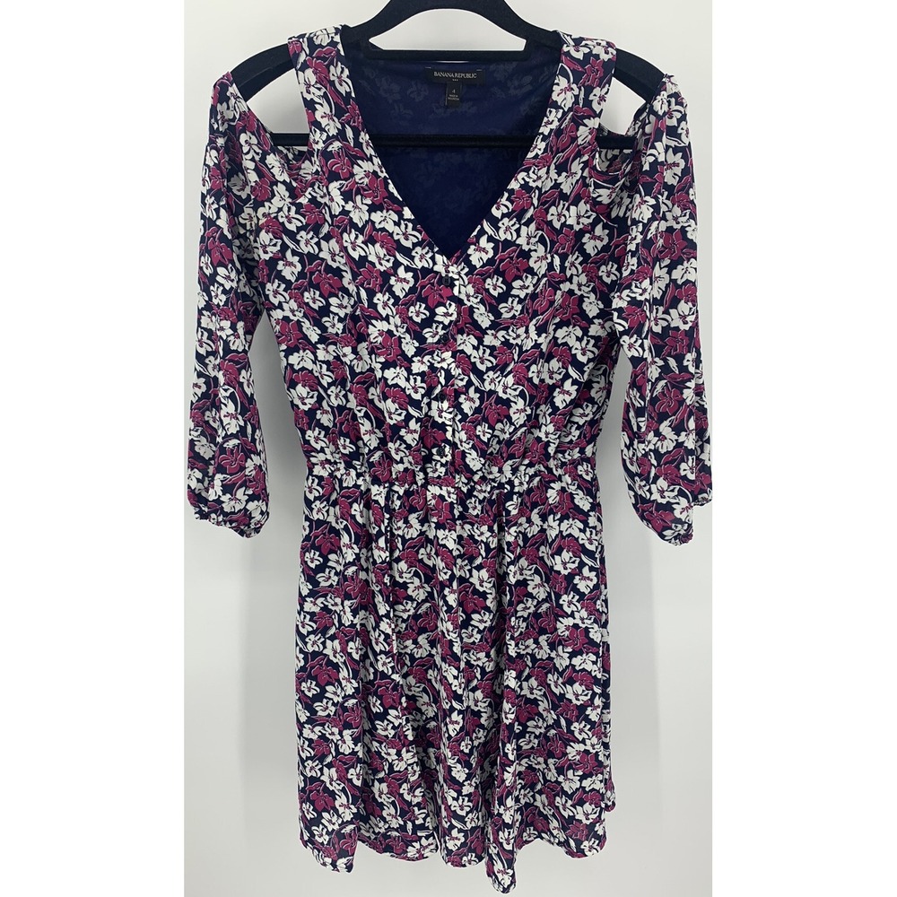 Banana Republic Floral Print Cold Shoulder Dress Size 4 Navy Blue White Pink